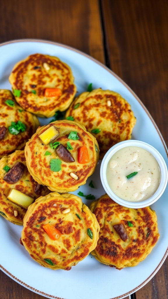 Savory Ratatouille Patties Recipe Golden ratatouille patties on a plate with fresh herbs and a bowl of dipping sauce.